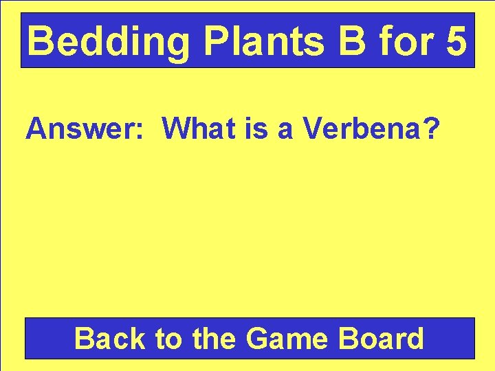 Bedding Plants B for 5 Answer: What is a Verbena? Back to the Game