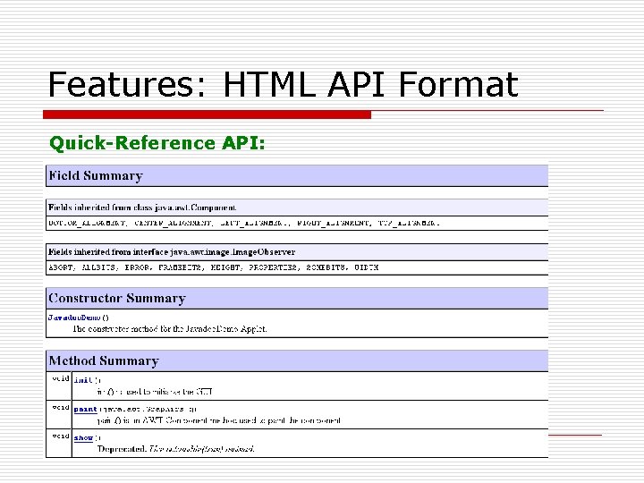 Features: HTML API Format Quick-Reference API: Features: HTML API Format Quick-Reference API:
