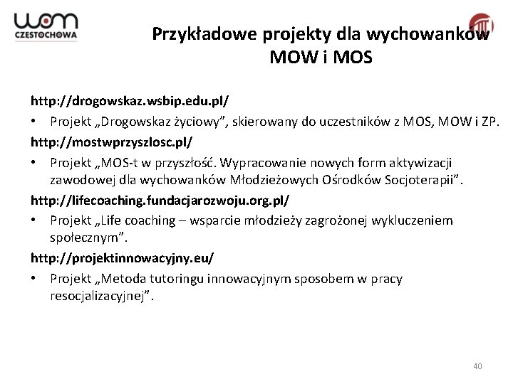 Przykładowe projekty dla wychowanków MOW i MOS http: //drogowskaz. wsbip. edu. pl/ • Projekt