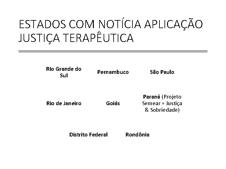 ESTADOS COM NOTÍCIA APLICAÇÃO JUSTIÇA TERAPÊUTICA Rio Grande do Sul Rio de Janeiro Pernambuco