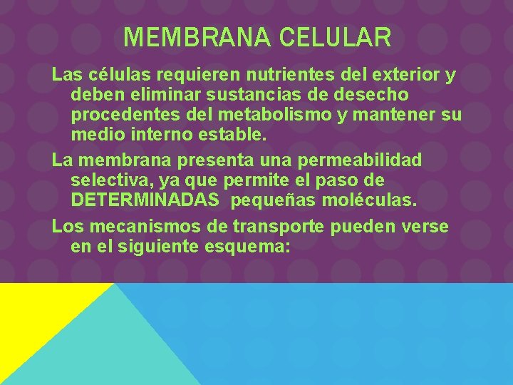 MEMBRANA CELULAR Las células requieren nutrientes del exterior y deben eliminar sustancias de desecho