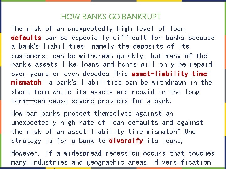 HOW BANKS GO BANKRUPT The risk of an unexpectedly high level of loan defaults