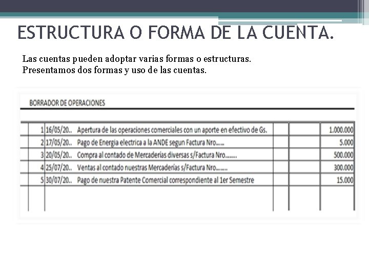 ESTRUCTURA O FORMA DE LA CUENTA. Las cuentas pueden adoptar varias formas o estructuras.