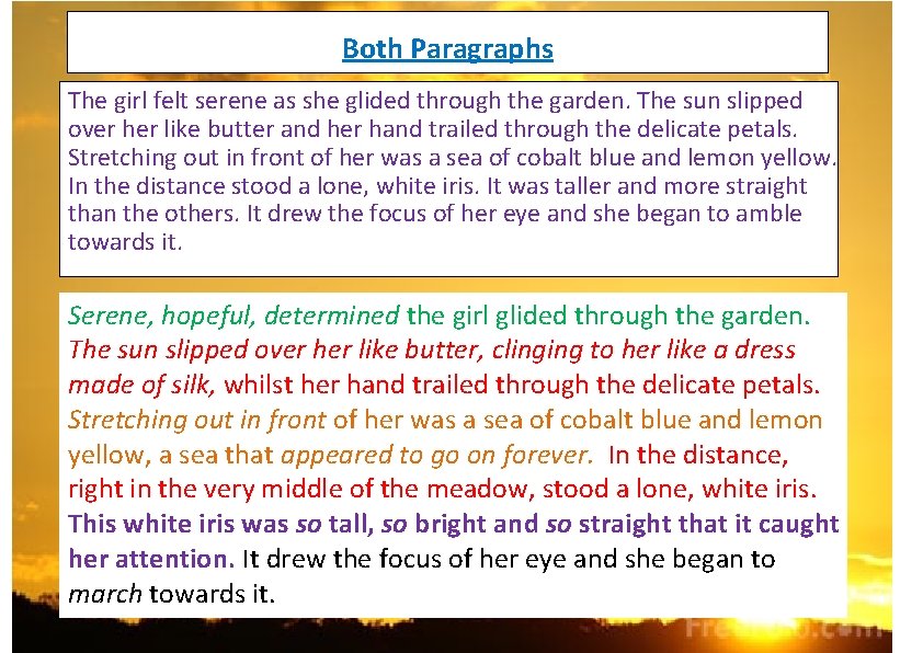 Both Paragraphs The girl felt serene as she glided through the garden. The sun
