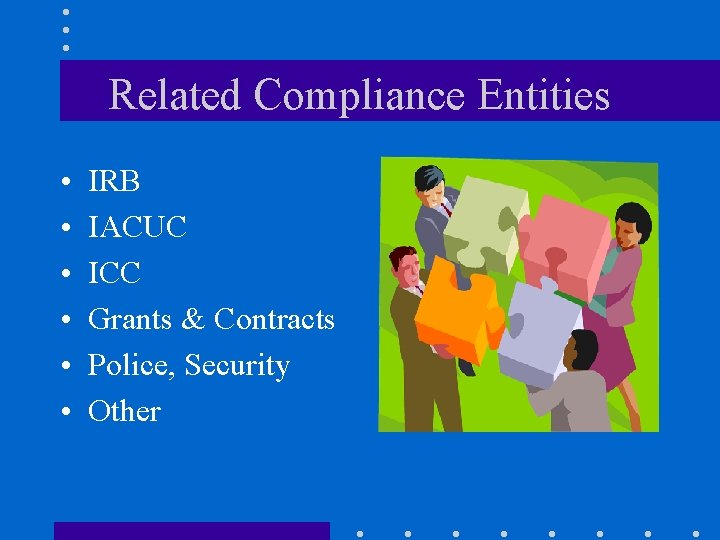 Related Compliance Entities • • • IRB IACUC ICC Grants & Contracts Police, Security