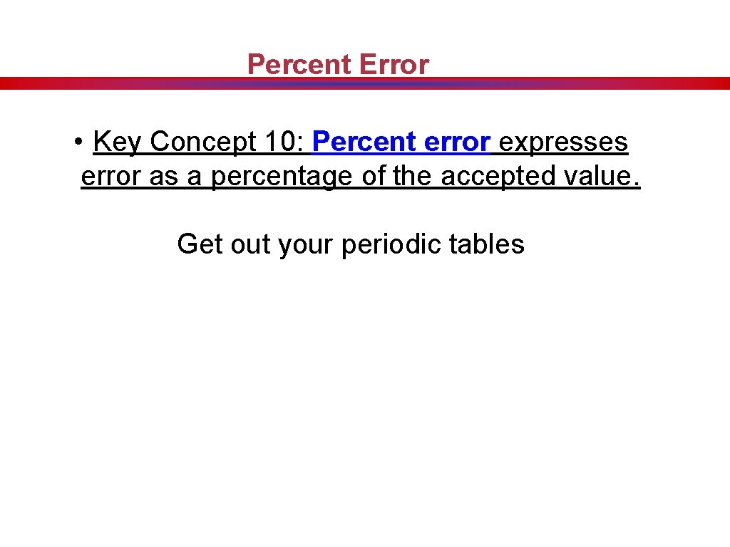 Percent Error • Key Concept 10: Percent error expresses error as a percentage of