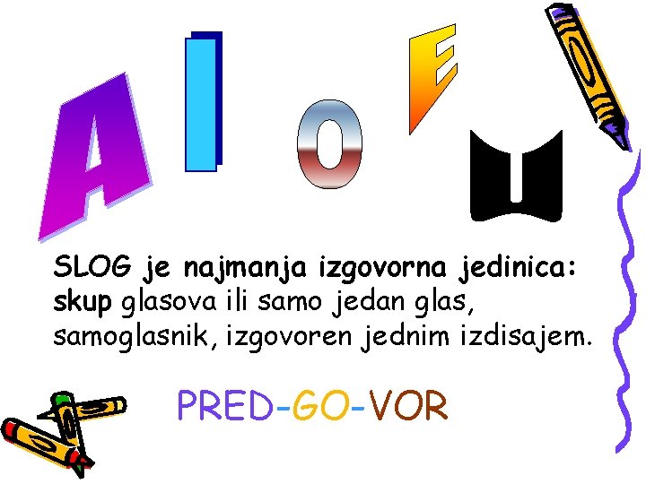 SLOG je najmanja izgovorna jedinica: skup glasova ili samo jedan glas, samoglasnik, izgovoren jednim