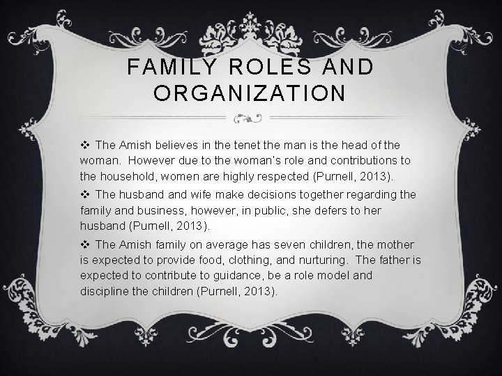 FAMILY ROLES AND ORGANIZATION v The Amish believes in the tenet the man is