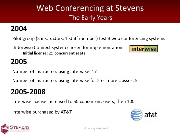 Web Conferencing at Stevens The Early Years 2004 Pilot group (3 instructors, 1 staff