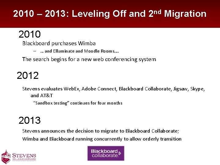 2010 – 2013: Leveling Off and 2 nd Migration 2010 Blackboard purchases Wimba –
