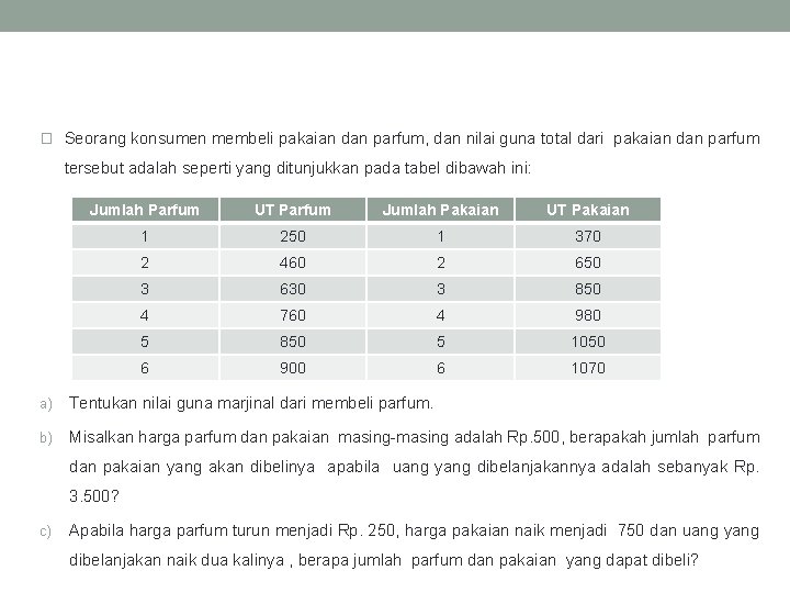 � Seorang konsumen membeli pakaian dan parfum, dan nilai guna total dari pakaian dan � Seorang konsumen membeli pakaian dan parfum, dan nilai guna total dari pakaian dan