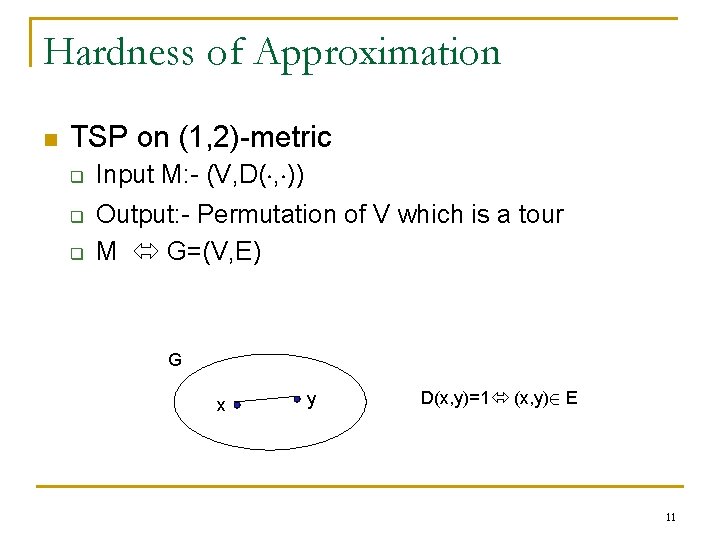 Hardness of Approximation n TSP on (1, 2)-metric q q q Input M: -