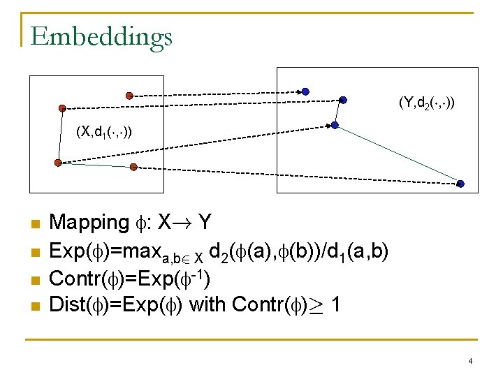 Embeddings (Y, d 2(¢, ¢)) (X, d 1(¢, ¢)) n n Mapping : X!