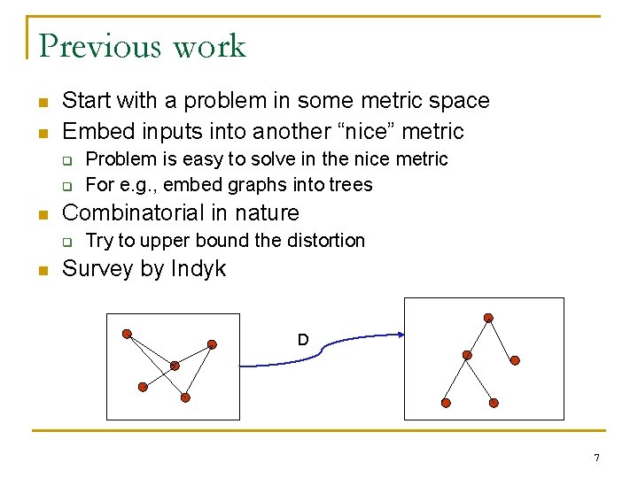 Previous work n n Start with a problem in some metric space Embed inputs