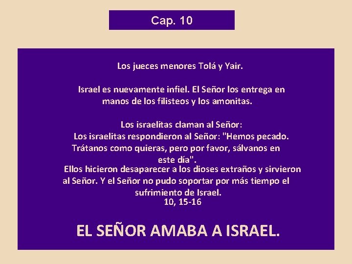 Cap. 10 Los jueces menores Tolá y Yair. Israel es nuevamente infiel. El Señor