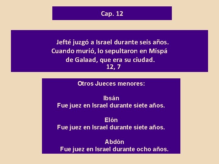 Cap. 12 Jefté juzgó a Israel durante seis años. Cuando murió, lo sepultaron en