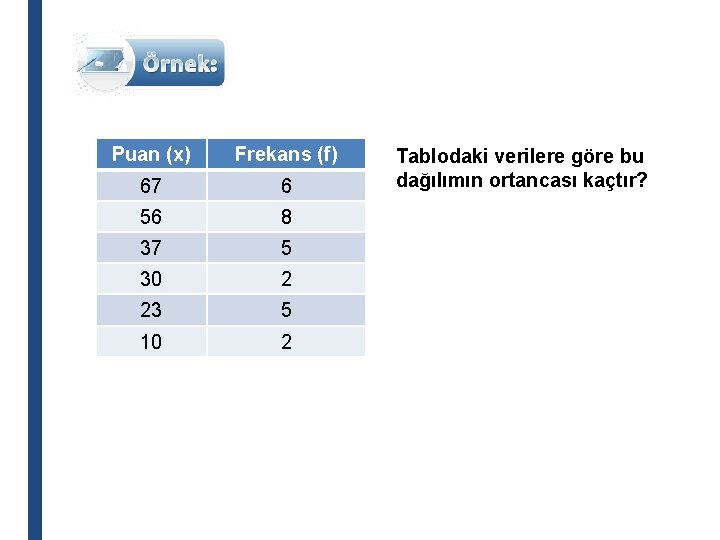 Puan (x) Frekans (f) 67 6 56 8 37 5 30 2 23 5