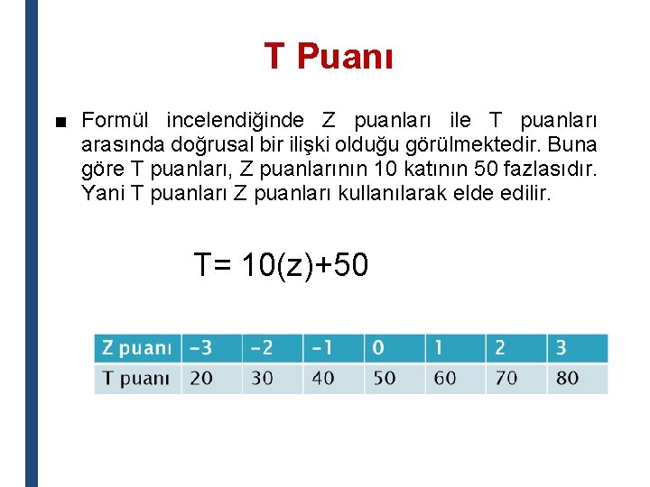 T Puanı ■ Formül incelendiğinde Z puanları ile T puanları arasında doğrusal bir ilişki