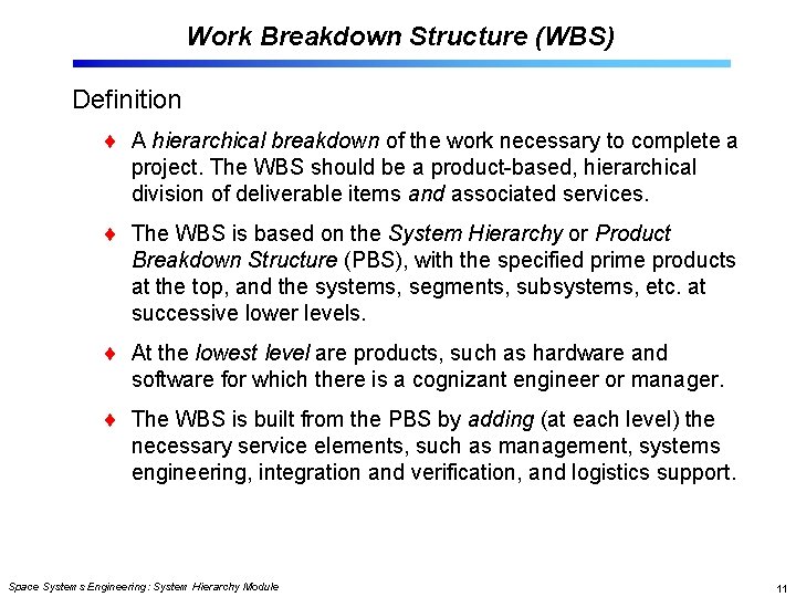 Work Breakdown Structure (WBS) Definition A hierarchical breakdown of the work necessary to complete