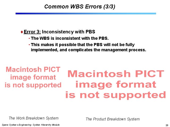 Common WBS Errors (3/3) Error 3: Inconsistency with PBS • The WBS is inconsistent