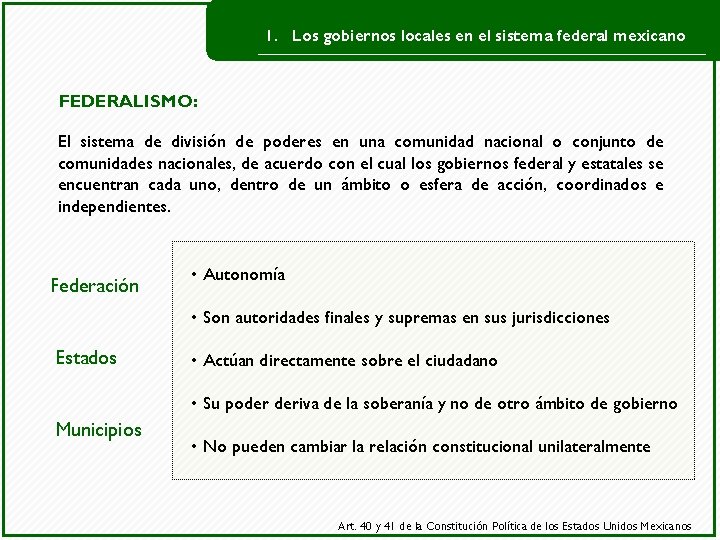 1. Los gobiernos locales en el sistema federal mexicano FEDERALISMO: El sistema de división