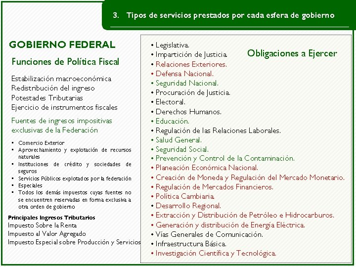 3. Tipos de servicios prestados por cada esfera de gobierno GOBIERNO FEDERAL Funciones de