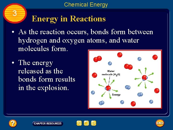 Chemical Energy 3 Energy in Reactions • As the reaction occurs, bonds form between