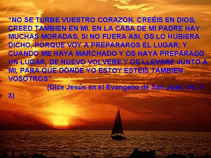 “NO SE TURBE VUESTRO CORAZON. CREÉIS EN DIOS, CREED TAMBIEN EN MI. EN LA