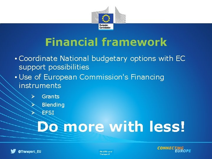 Financial framework • Coordinate National budgetary options with EC support possibilities • Use of