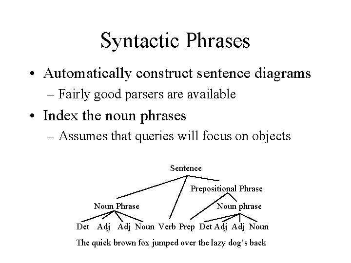 Syntactic Phrases • Automatically construct sentence diagrams – Fairly good parsers are available •