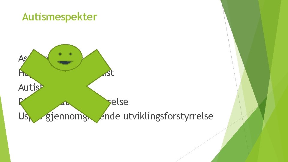 Autismespekter Asperger Høgtfungerande autist Autist Disintergrativ forstyrrelse Uspes gjennomgripende utviklingsforstyrrelse 