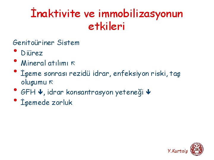 İnaktivite ve immobilizasyonun etkileri Genitoüriner Sistem Diürez Mineral atılımı İşeme sonrası rezidü idrar, enfeksiyon