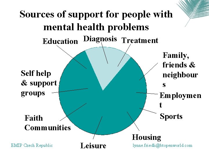 Sources of support for people with mental health problems Education Diagnosis Treatment Family, friends