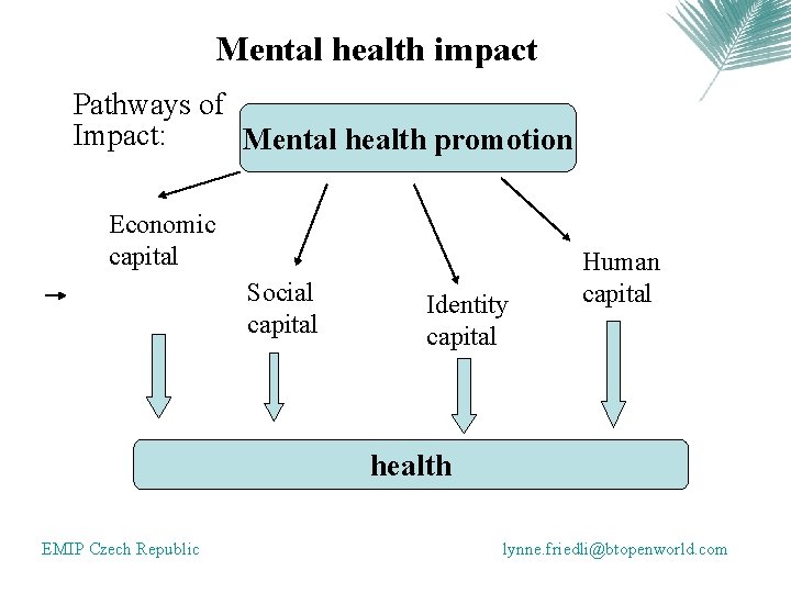 Mental health impact Pathways of Impact: Mental health promotion Economic capital Social capital Identity