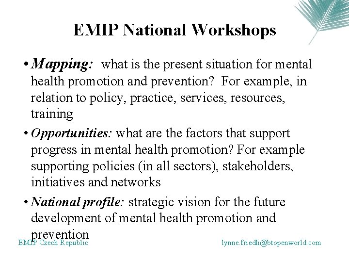 EMIP National Workshops • Mapping: what is the present situation for mental health promotion