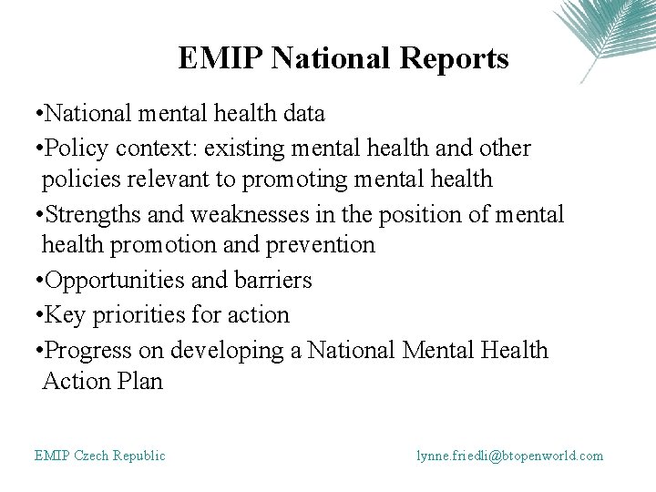 EMIP National Reports • National mental health data • Policy context: existing mental health