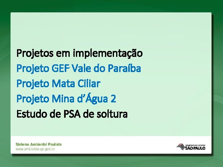 Projetos em implementação Projeto GEF Vale do Paraíba Projeto Mata Ciliar Projeto Mina d’Água