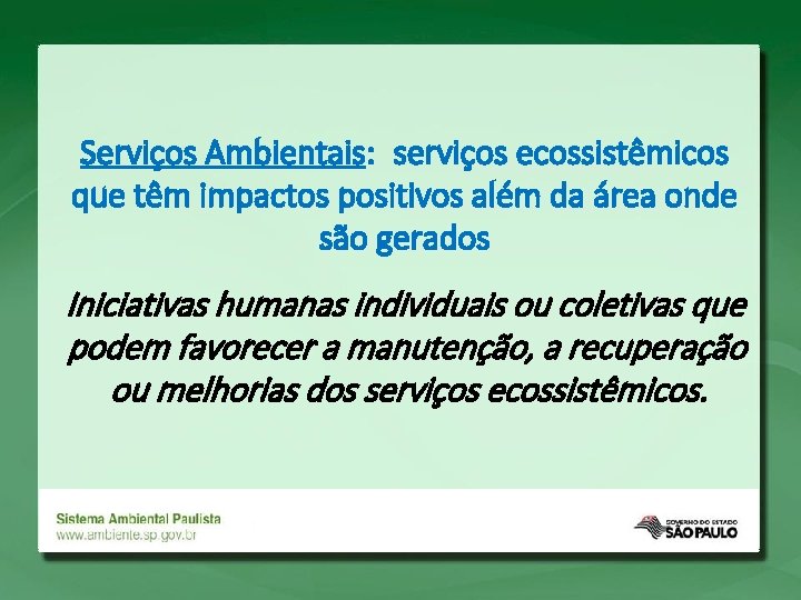 Serviços Ambientais: serviços ecossistêmicos que têm impactos positivos além da área onde são gerados