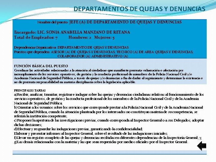 DEPARTAMENTOS DE QUEJAS Y DENUNCIAS Nombre del puesto: JEFE (A) DE DEPARTAMENTO DE QUEJAS