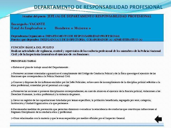 DEPARTAMENTO DE RESPONSABILIDAD PROFESIONAL Nombre del puesto: JEFE (A) DE DEPARTAMENTO RESPONSABILIDAD PROFESIONAL Encargado: