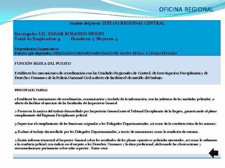 OFICINA REGIONAL Nombre del puesto: JEFE (A) REGIONAL CENTRAL Encargado: LIC. EDGAR ROLANDO HUEZO