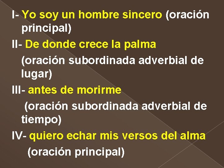 I- Yo soy un hombre sincero (oración principal) II- De donde crece la palma