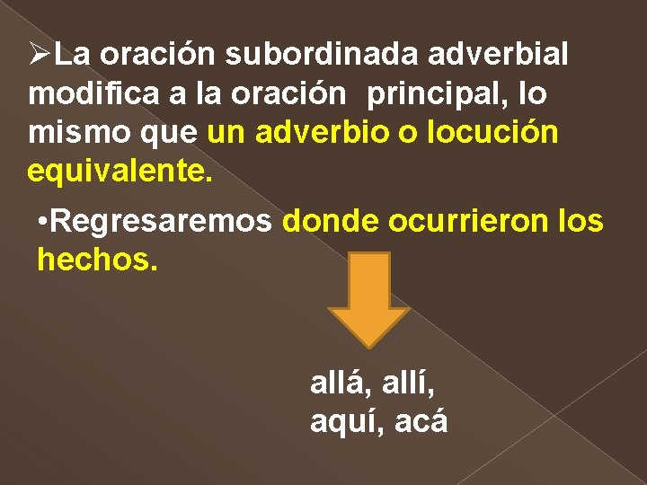 ØLa oración subordinada adverbial modifica a la oración principal, lo mismo que un adverbio