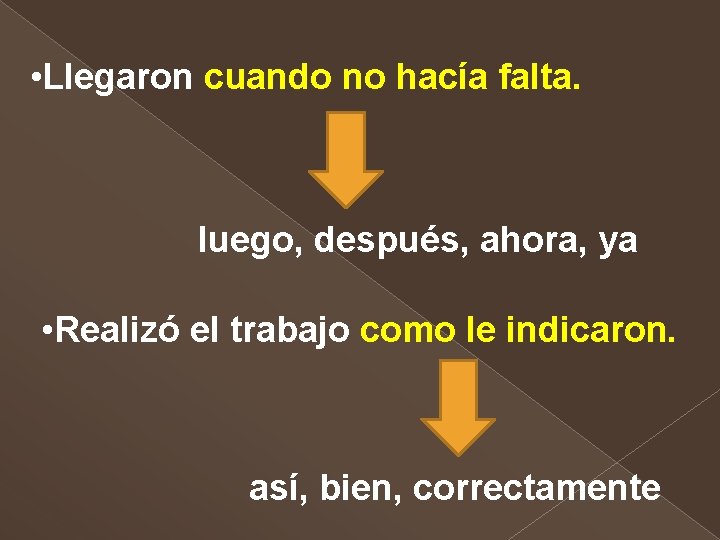  • Llegaron cuando no hacía falta. luego, después, ahora, ya • Realizó el