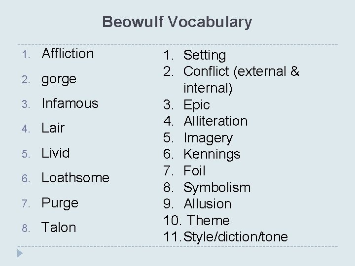 Beowulf Vocabulary 1. Affliction 2. gorge 3. Infamous 4. Lair 5. Livid 6. Loathsome
