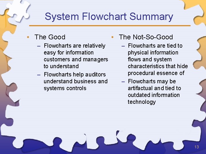 System Flowchart Summary • The Good – Flowcharts are relatively easy for information customers