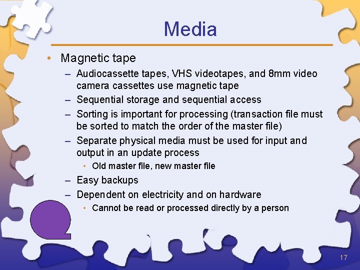 Media • Magnetic tape – Audiocassette tapes, VHS videotapes, and 8 mm video camera