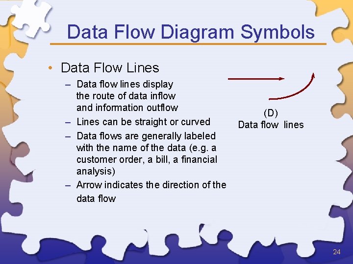 Data Flow Diagram Symbols • Data Flow Lines – Data flow lines display the