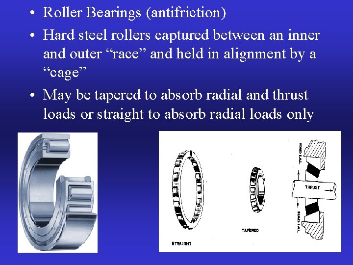  • Roller Bearings (antifriction) • Hard steel rollers captured between an inner and