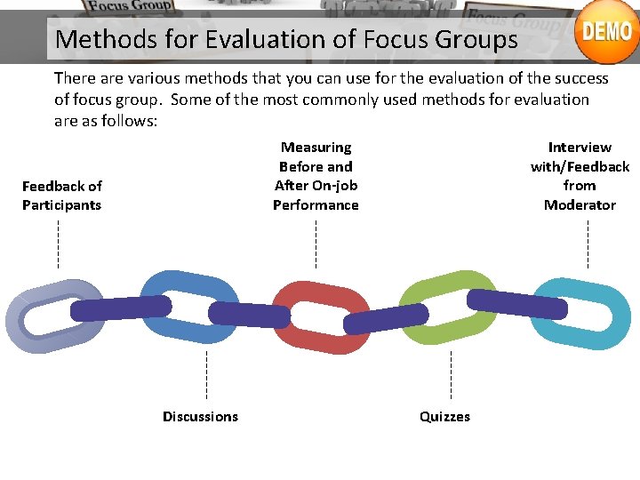 Methods for Evaluation of Focus Groups There are various methods that you can use